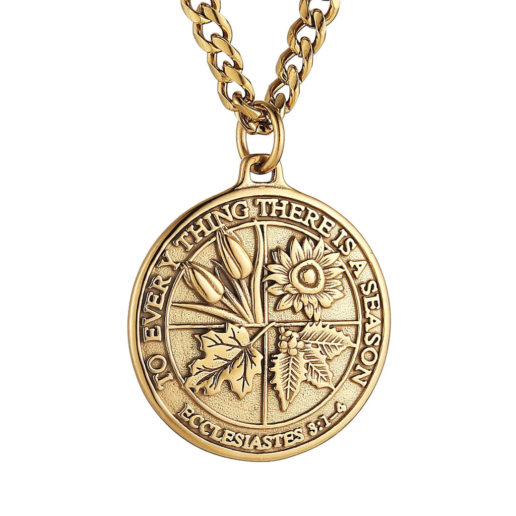 HZMAN Coin Necklace Mens Stainless Steel Necklace Pendant Retro Ecclesiastes Bible Verse Round Medal Necklace Jewelry Gift (Gold)
