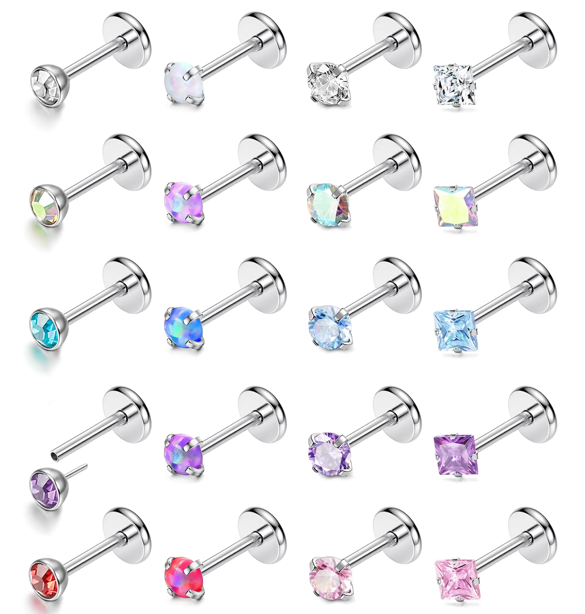 MILACOLATO 20G Threadless Push In Nose Rings Studs 316L Surgical Steel Pushin Nose Stud 3mm Rainbow Crystal Opal Nose Rings Hypoallergenic Nostril Piercing Jewelry for Women Men 20Pcs