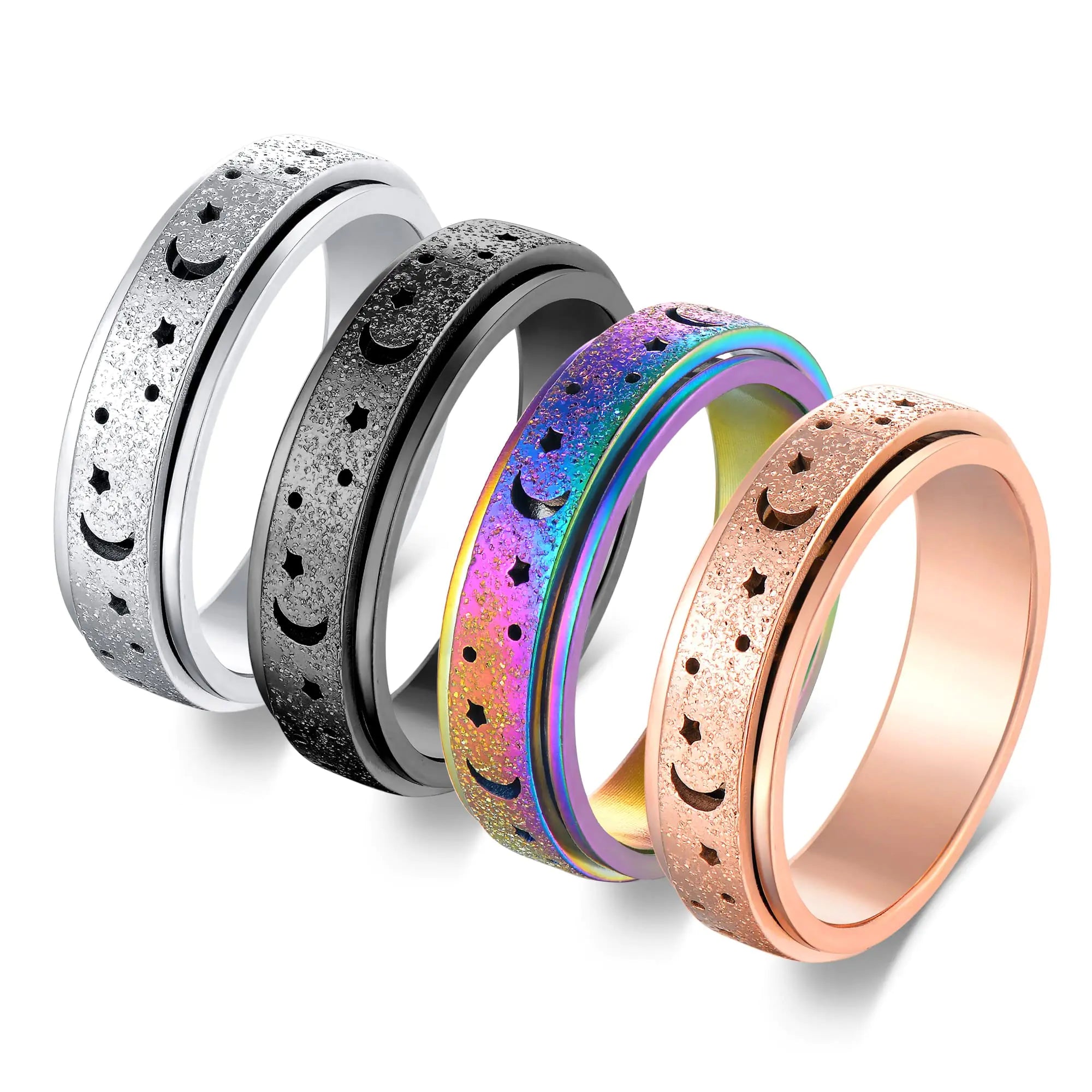 Feasnow Anti Anxiety Fidget Rings for Women Stress Relief Spinner Rings Moon Star Titanium Steel Rings 6mm Set 4Pcs Size 5-11 (5 6mm Moon Star Spinner Rings 4pcs)