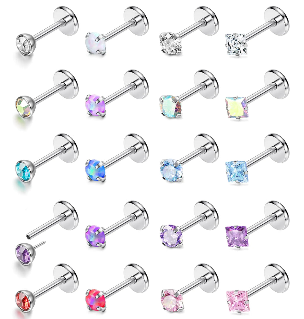 MILACOLATO 20G Threadless Push In Nose Rings Studs 316L Surgical Steel Pushin Nose Stud 3mm Rainbow Crystal Opal Nose Rings Hypoallergenic Nostril Piercing Jewelry for Women Men 20Pcs