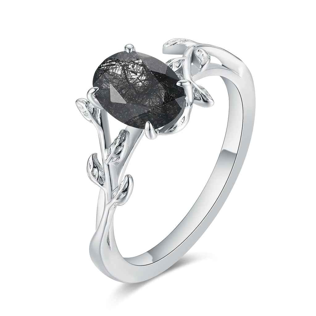 Womens Engagement Ring Natural Black Rutilated Quartz Ring Fashion Half Eternity Unique Leaf Rings 6x8mm Oval Cut 1.5CT Platinum Plated 925 Sterling Silver Promise Rings.(7.5)