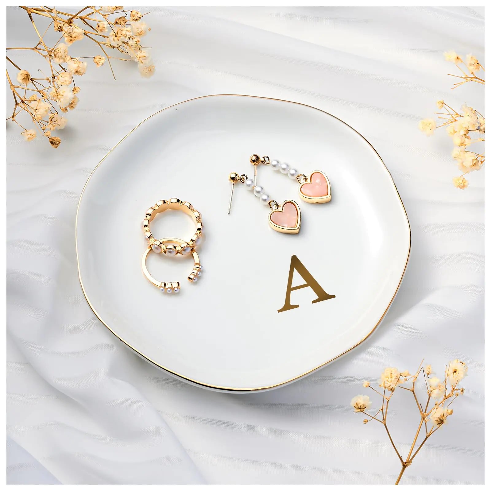 Lolalet Ceramic Jewelry Tray 4.52" Initials Ring Dish Decorative Trinket Dish for Rings Earrings Necklaces Small Jewelry Personalized Monogram Jewelry Dish for Engagement Wedding Birthday -A