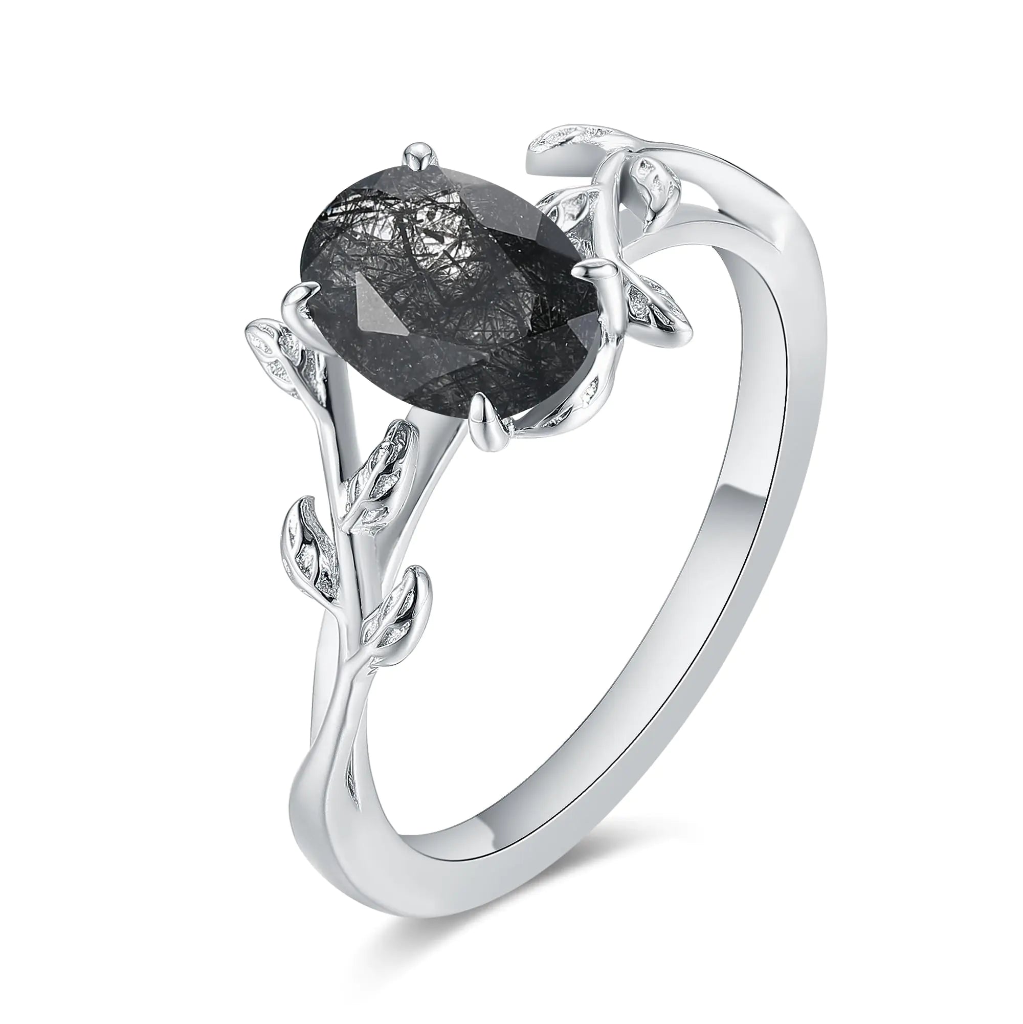Womens Engagement Ring Natural Black Rutilated Quartz Ring Fashion Half Eternity Unique Leaf Rings 6x8mm Oval Cut 1.5CT Platinum Plated 925 Sterling Silver Promise Rings.(7.5)