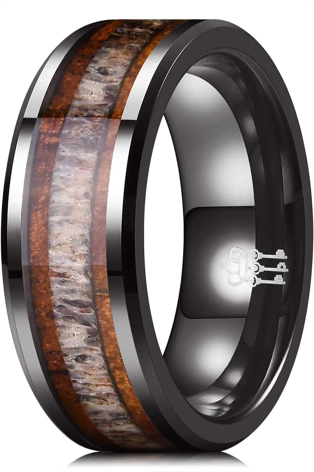 THREE KEYS JEWELRY Mens Ceramic 8mm Wedding Engagement Polished Carbide Ring with KOA Wood & Antler Inlay for Men Cool Black Vintage Engraved Size 14.5