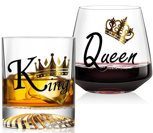 Anniversary Glassware Gifts for Couple-King and Queen Wine Glasses-Wedding Aniversario Gifts for Couple Wife Her Women-Unique COUPLE Wine Glasses for Engagement Wedding