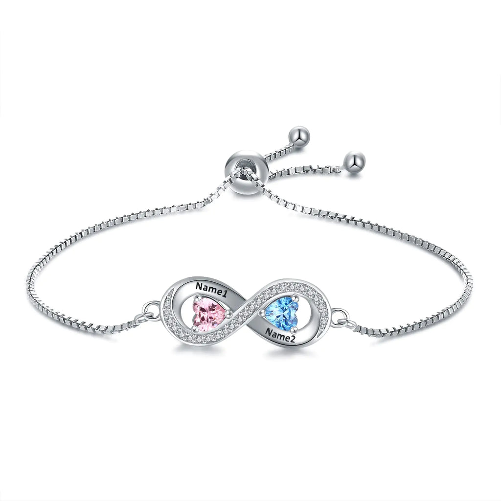 Personalized Infinity Heart Bracelets for Women - Sterling Silver Custom Love Heart-Shape Birthstones with 2 Names Infinity Pendant Adjustable Personalized Mother Daughter Jewelry Gifts for Her